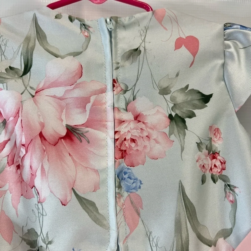 Rare Editions Girls flowery short sleeve dress with front bow and back bow - Picture 8 of 9